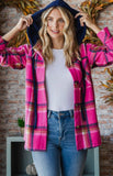 7th Ray Hot Pink Plaid Shacket with Navy Hood-PLUS