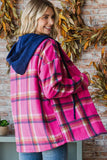 7th Ray Hot Pink Plaid Shacket with Navy Hood-PLUS