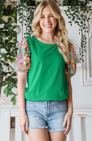 7th Ray Green Blouse With Floral Patterned Sleeves