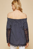 Andree by Unit Navy Polka Dot Off Shoulder Top with Lace Bell Sleeve-PLUS